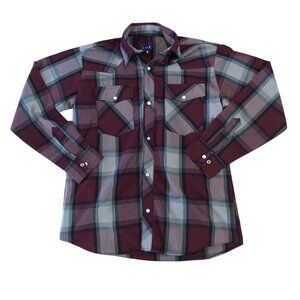 Mens Burgundy & Gray Plaid Long Sleeve Western Pearl Snap Shirt Size 38 ALEX